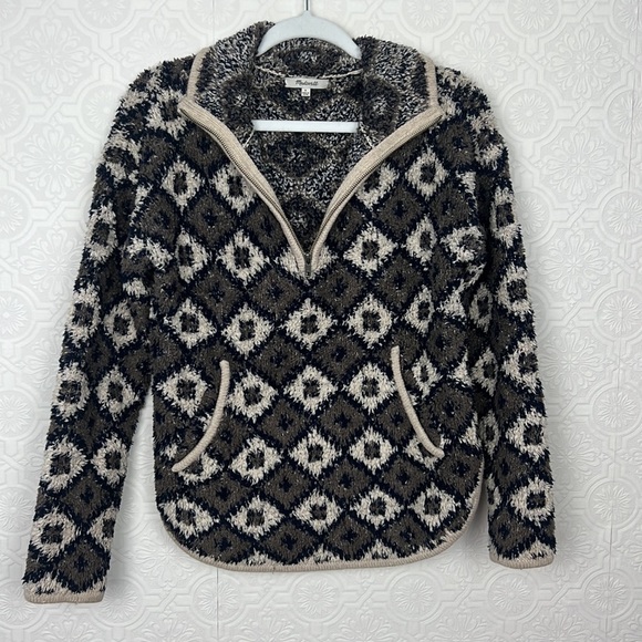Madewell Popover Sweater Sweatshirt Teddy Design Quarter Zip Taupe Navy Blue - Picture 4 of 10